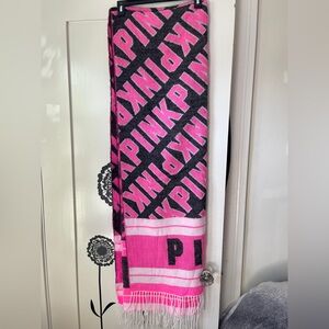 Victoria’s Secret PINK Logo Hot Pink & Black Fringe Scarf Shawl Blanket EUC